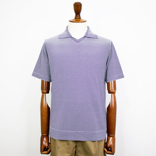 Blu Bre(ブルブレ)ボーダー柄 スキッパー コットンニット ポロシャツ【ホワイト×ネイビー】国内正規品