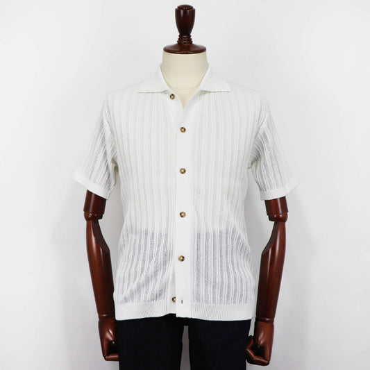 Vandori(ヴァンドリ)透かし編みコットンニット 半袖シャツカーディガン【ホワイト】国内正規品