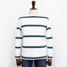 画像をギャラリービューアに読み込む, MAISON CORNICHON(メゾン コルニション)コットンフライス編み ボーダー柄 ボートネック カットソー【ホワイト×ピーコックグリーン】国内正規品
