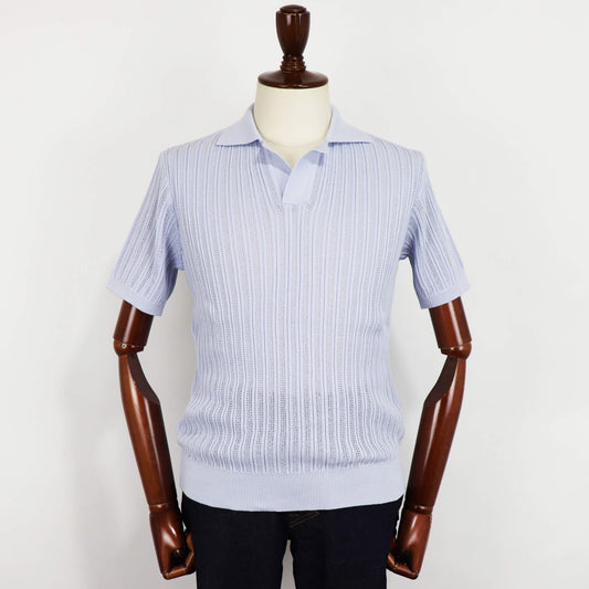 Vandori(ヴァンドリ)透かし編みコットンニット スキッパーポロシャツ【パールブルー】国内正規品