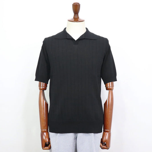 Blu Bre（ブルブレ）ワイドリブ スキッパー コットンニット ポロシャツ【ブラック】国内正規品