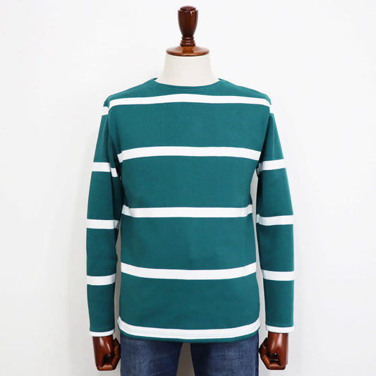 MAISON CORNICHON（メゾン コルニション）コットンフライス編み ボーダー柄 ボートネック カットソー【ピーコックグリーン×ホワイト】国内正規品