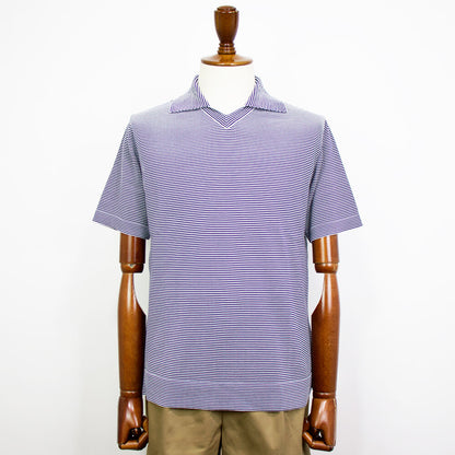 Blu Bre（ブルブレ）ボーダー柄 スキッパー コットンニット ポロシャツ【ホワイト×ネイビー】国内正規品