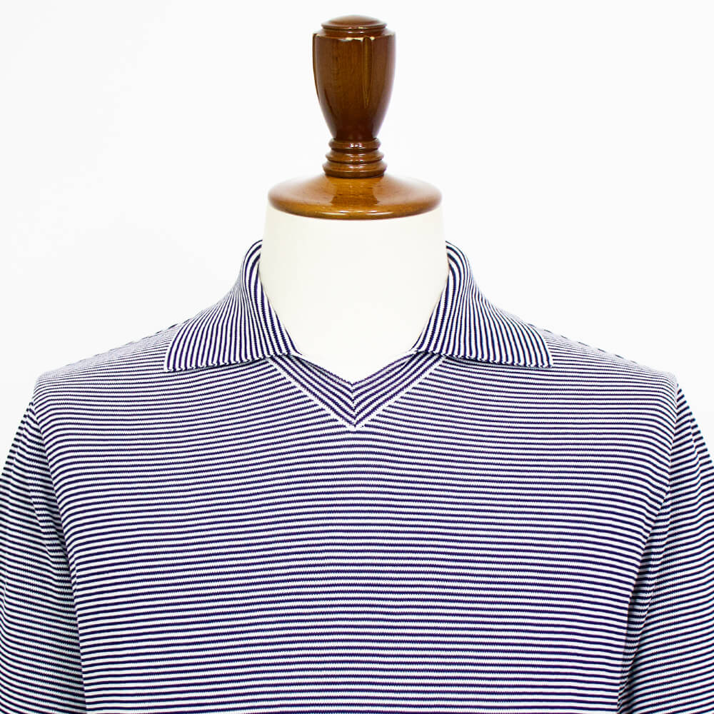 Blu Bre（ブルブレ）ボーダー柄 スキッパー コットンニット ポロシャツ【ホワイト×ネイビー】国内正規品