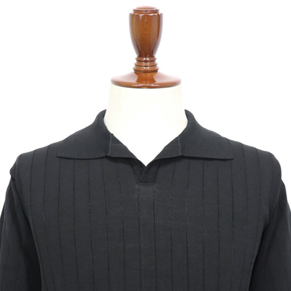 Blu Bre（ブルブレ）ワイドリブ スキッパー コットンニット ポロシャツ【ブラック】国内正規品