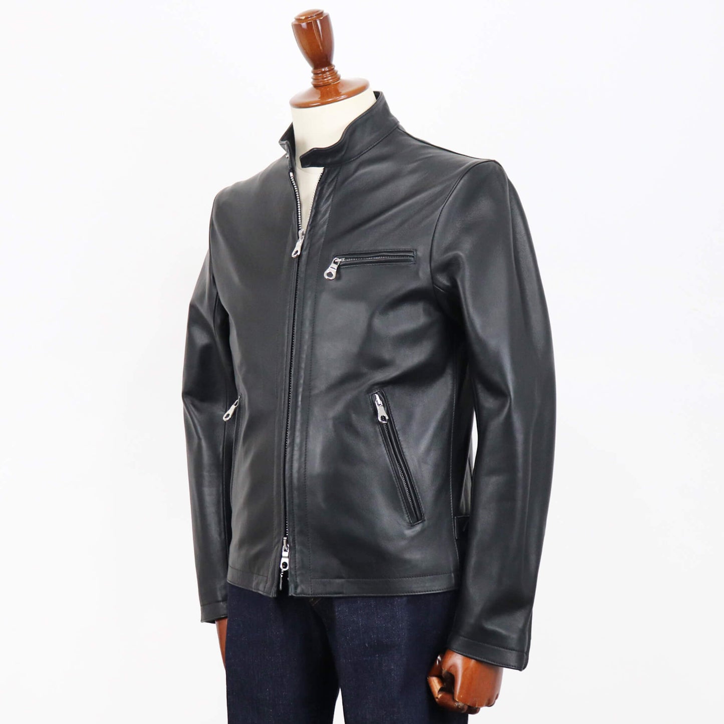 CINQUANTA（チンクワンタ）STAND COLLAR SINGLE RIDERS スタンドカラー シングル ライダース ジャケット シルバージップ【ブラック】国内正規品