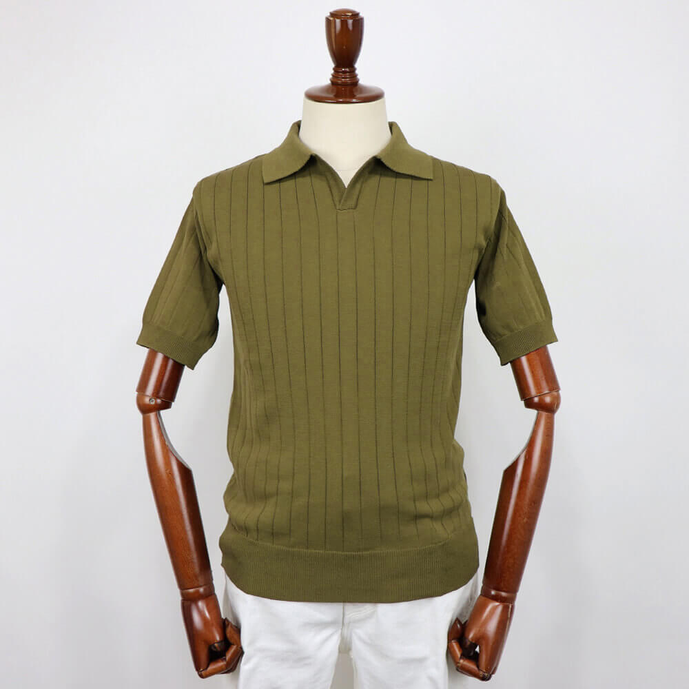 Blu Bre（ブルブレ）コットンニット 針抜きスキッパーポロシャツ【オリーブ】国内正規品