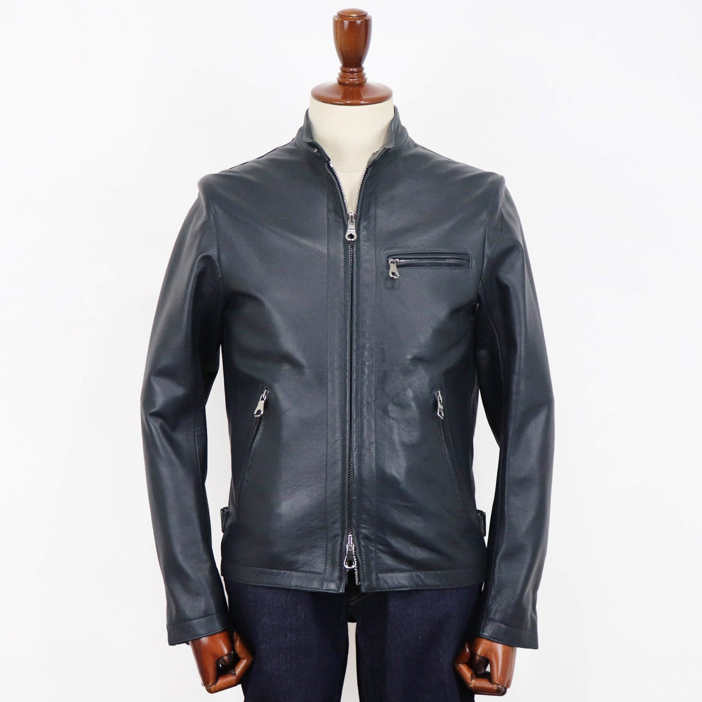 CINQUANTA（チンクワンタ）STAND COLLAR SINGLE RIDERS スタンドカラー シングル ライダース ジャケット シルバージップ【ダークグレー】国内正規品
