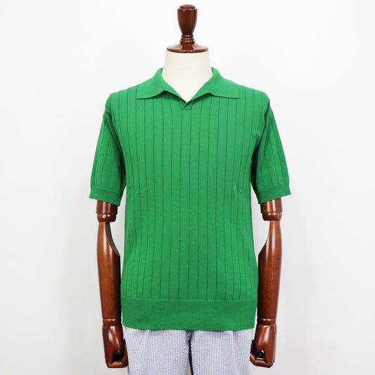 Blu Bre（ブルブレ）ワイドリブ スキッパー コットンニット ポロシャツ【グリーン】国内正規品