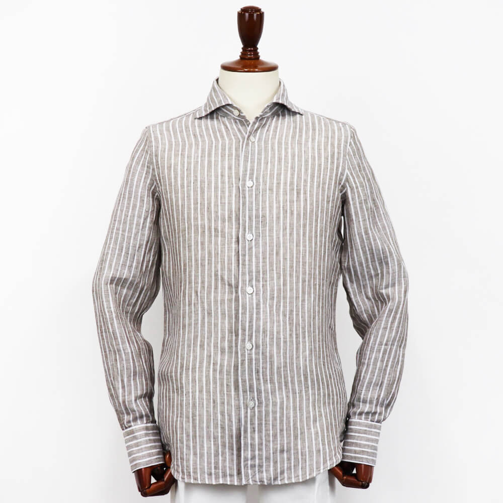 Finamore（フィナモレ）SIMONE / BALI ストライプ リネン シャツ【ブラウン×ホワイト】国内正規品