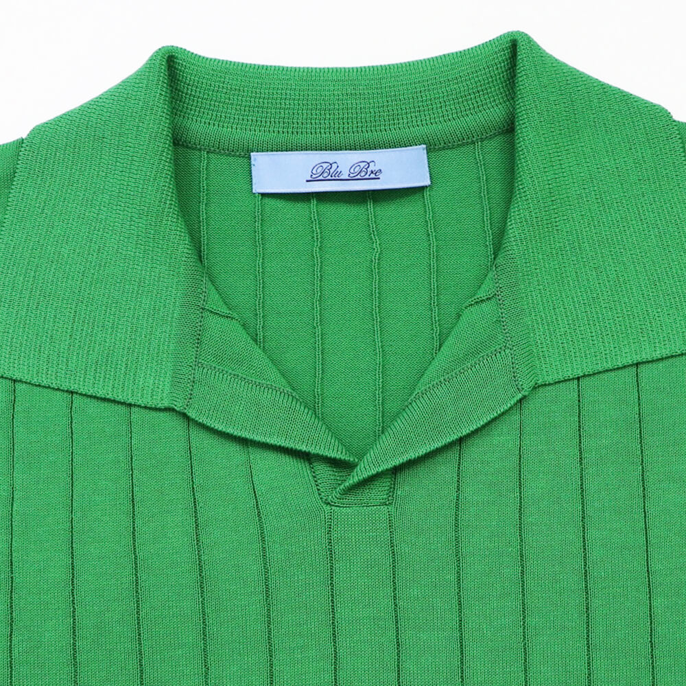 Blu Bre（ブルブレ）ワイドリブ スキッパー コットンニット ポロシャツ【グリーン】国内正規品