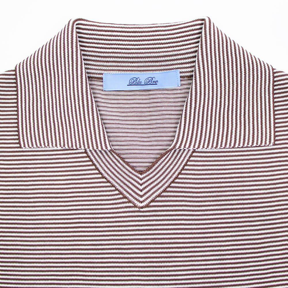 Blu Bre（ブルブレ）ボーダー柄 スキッパー コットンニット ポロシャツ【ブラウン×オフホワイト】国内正規品
