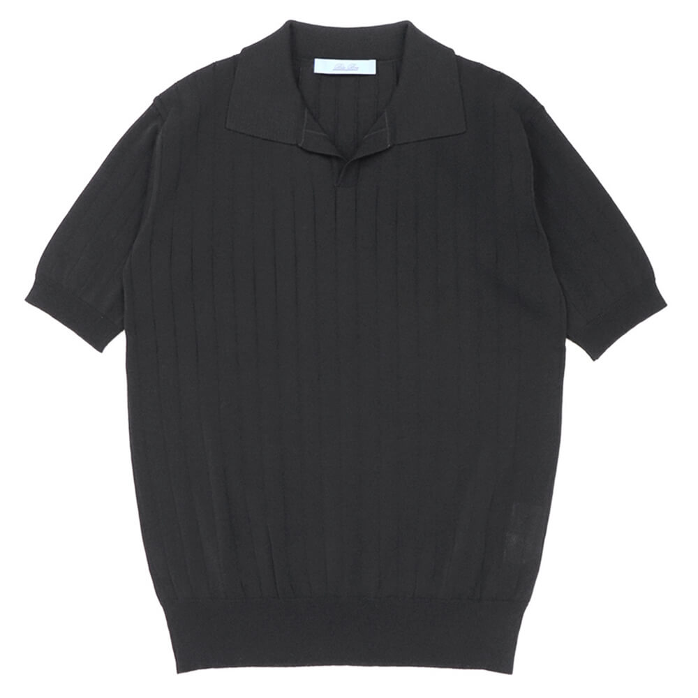 Blu Bre（ブルブレ）ワイドリブ スキッパー コットンニット ポロシャツ【ブラック】国内正規品