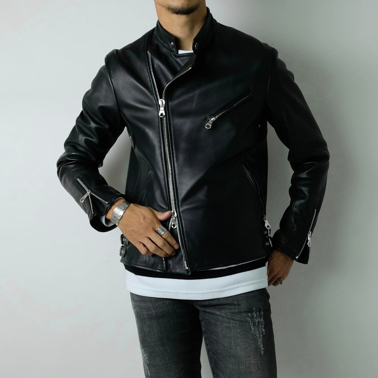 CINQUANTA（チンクワンタ）STAND COLLAR DOUBLE RIDERS スタンドカラー ダブル ライダースジャケット シルバージップ【ブラックBLACK】国内正規品