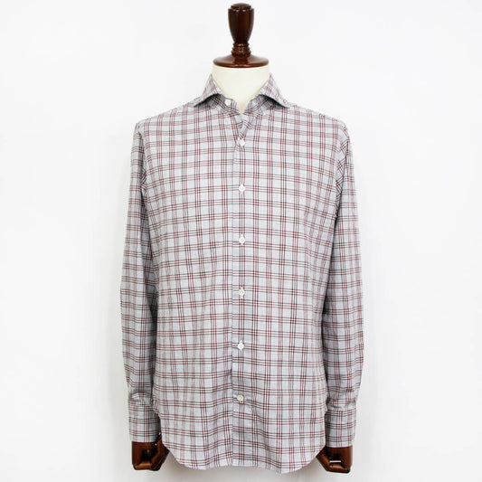 giannetto（ジャンネット）Vinci fit ヴィンチフィット オーバーチェック柄 カッタウェイカラー コットン シャツ【グレー×ブラウン】国内正規品