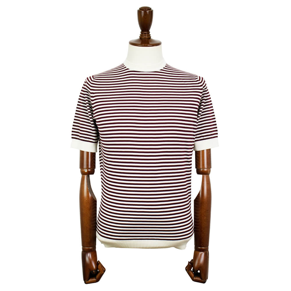 FILIPPO DE LAURENTIIS（フィリッポ デ ローレンティス）ボーダー柄 ハイゲージ コットン ニット Tシャツ【ホワイト×テラコッタ】国内正規品