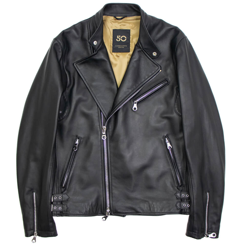 CINQUANTA（チンクワンタ）STAND COLLAR DOUBLE RIDERS スタンドカラー ダブル ライダースジャケット シルバージップ【ブラックBLACK】国内正規品