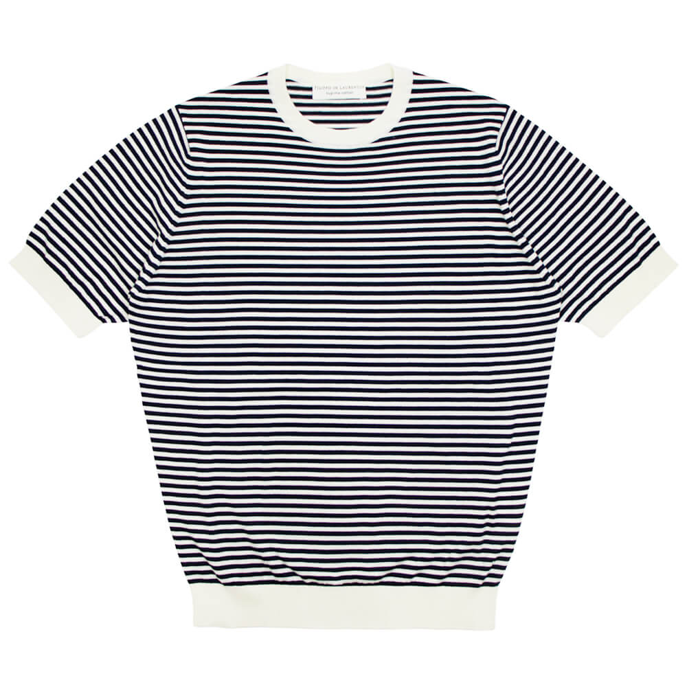 FILIPPO DE LAURENTIIS（フィリッポ デ ローレンティス）ボーダー柄 ハイゲージ コットン ニット Tシャツ【ホワイト×ネイビー】国内正規品