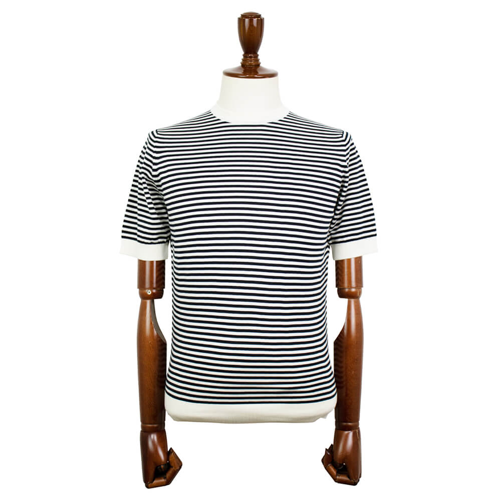 FILIPPO DE LAURENTIIS（フィリッポ デ ローレンティス）ボーダー柄 ハイゲージ コットン ニット Tシャツ【ホワイト×ネイビー】国内正規品