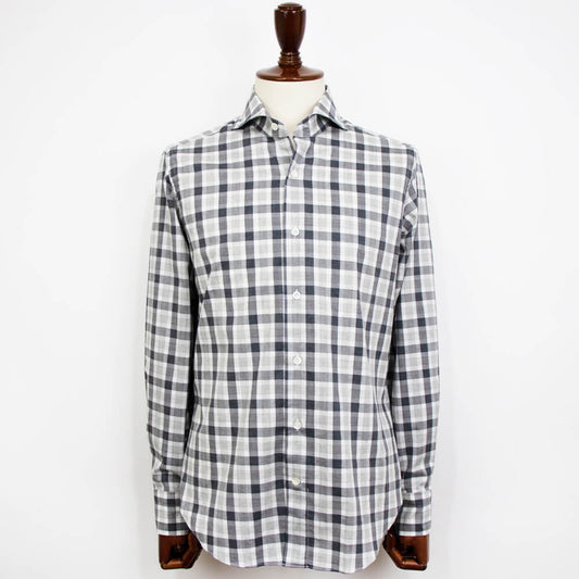 giannetto（ジャンネット）Vinci fit ヴィンチフィット ブロックチェック柄 カッタウェイカラー コットン シャツ【ブラック×ホワイト】国内正規品