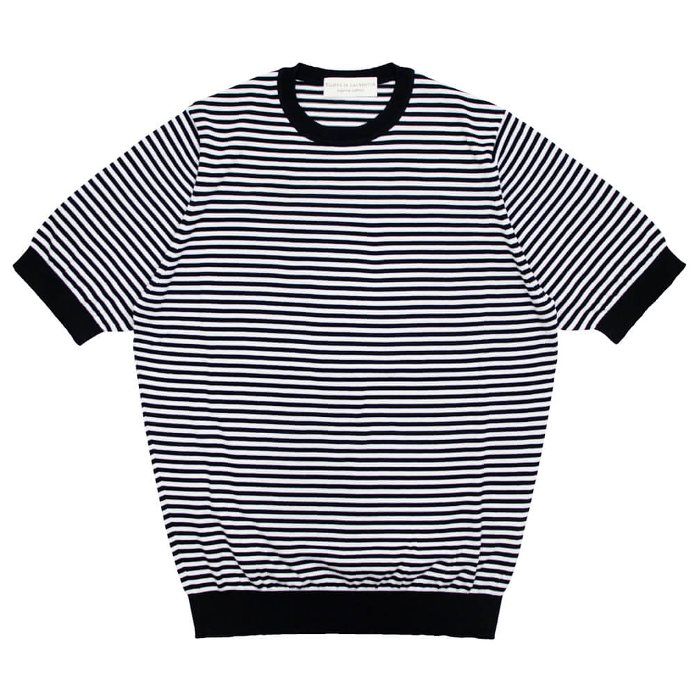 FILIPPO DE LAURENTIIS（フィリッポ デ ローレンティス）ボーダー柄 ハイゲージ コットン ニット Tシャツ【ブラック×ホワイト】国内正規品